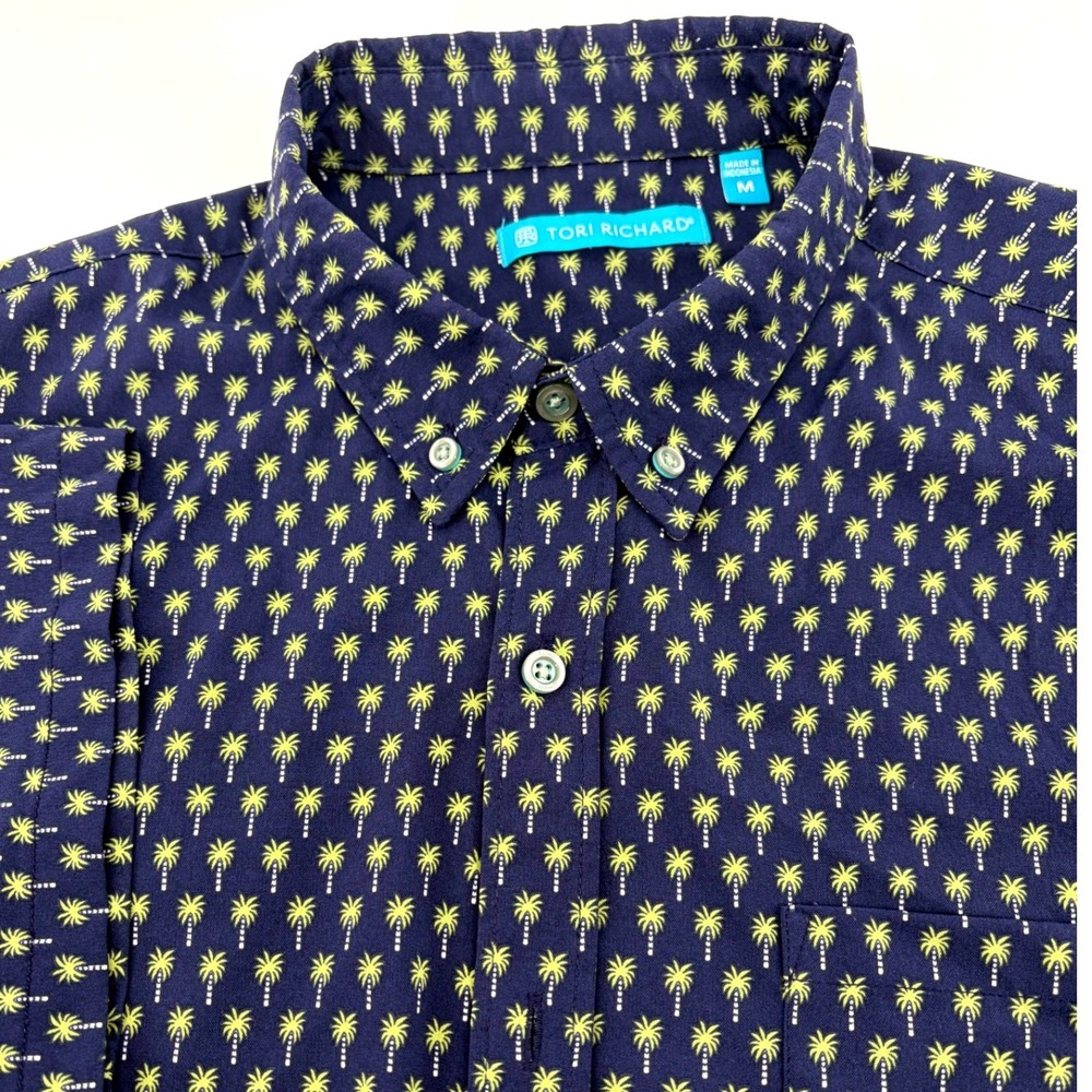 Tori Richard Mens Medium Navy Palm Tree Print Short Sleeve Button Down Shirt